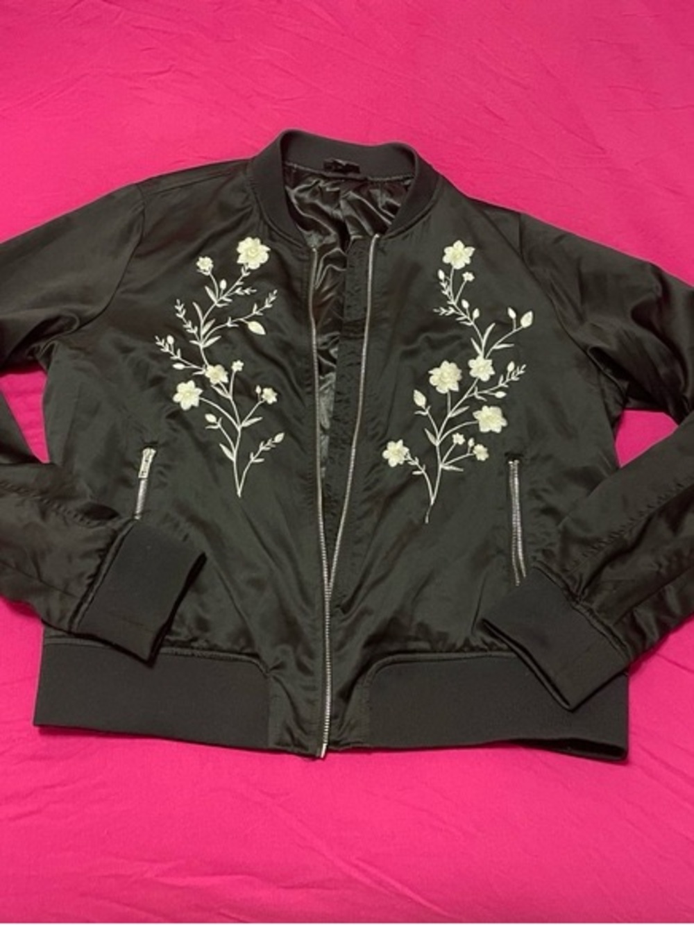a.n.a Black Bomber Jacket with White Floral Embroidery